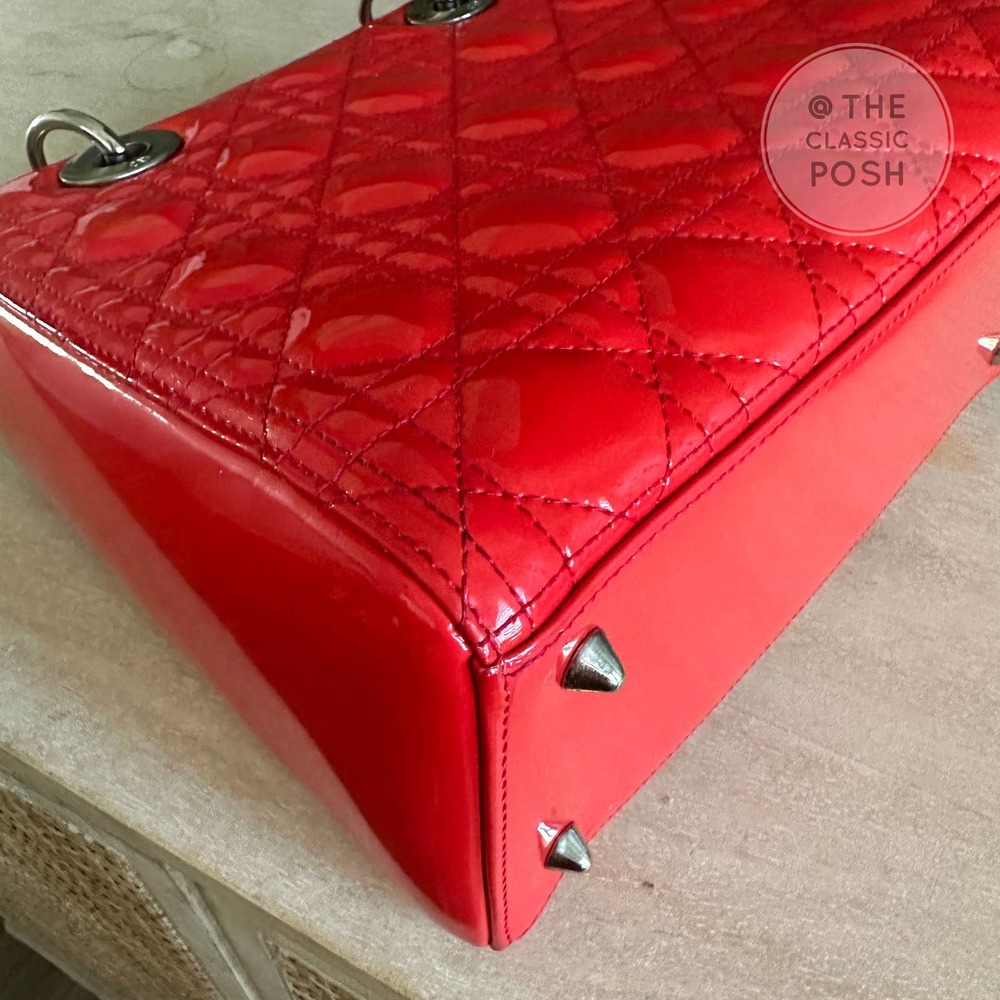 ❌SOLD❌EUC Christian Dior Lady Medium Patent Red Orange Silver HW - Picture 7 of 16